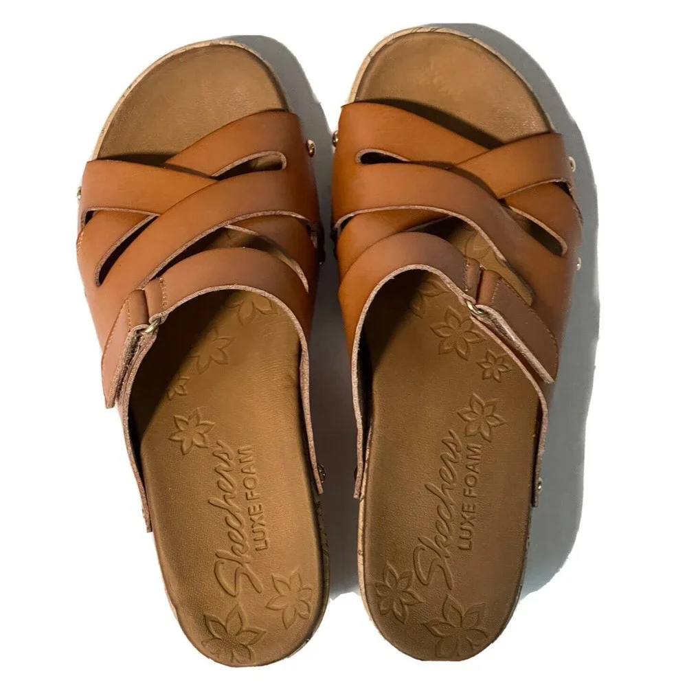 Skechers Luxe Foam Sz 9 M/39 EU Brown Cork Wedge￼ Strappy Sandals Slides C - Picture 8 of 9